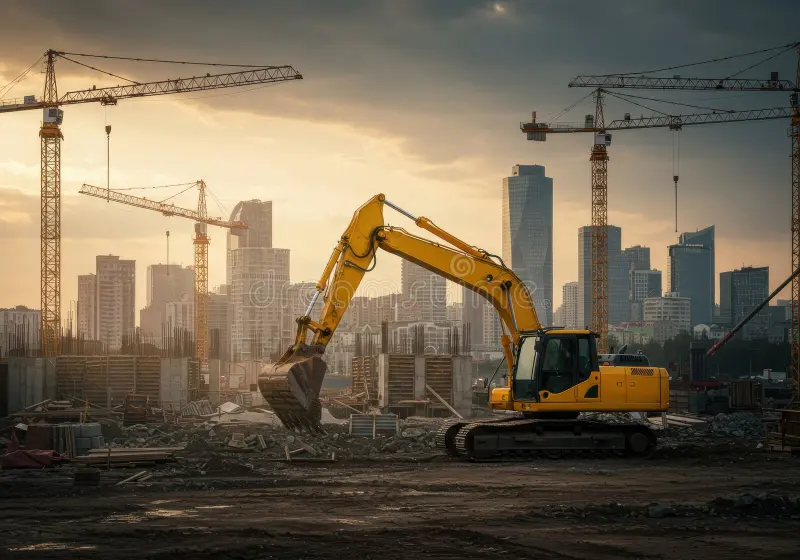 construction-site-sunrise-urban-development-yellow-excavator-tower-cranes-against-city-skyline-362778208