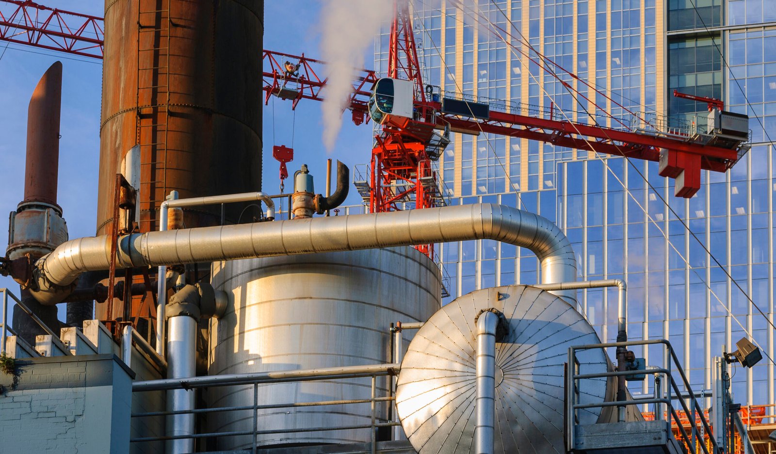 An industrial powerplant, large metal containers, steam being generated and rising, pipework.