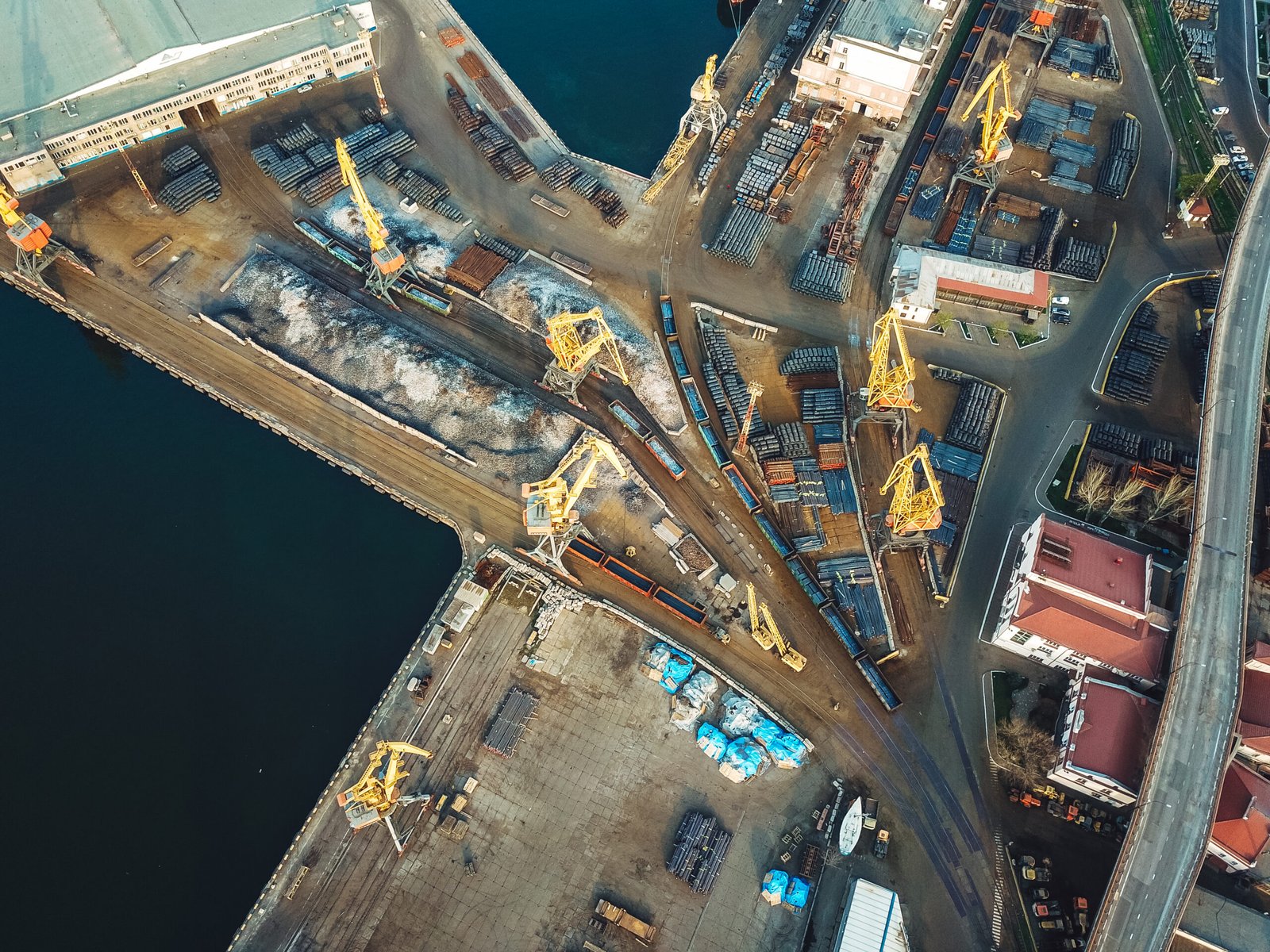 Seaport in summer from a bird's-eye view.