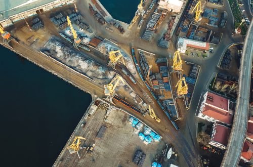 Seaport in summer from a bird's-eye view.